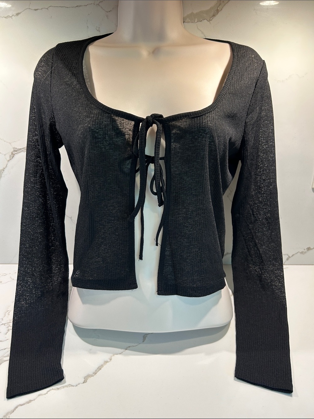 Black Tie-Front Long Sleeve Cardi